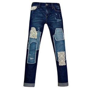 Free People Patchwork crochet bootcut faded wash  denim jeans sz 25